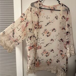 Floral Lace Trim Sheer Kimono Cardigan - Cream & Pink